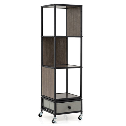Gray 4-tier rotating bookshelf on wheels with removable drawer from Wilsons Home Store, ideal for home office organization.