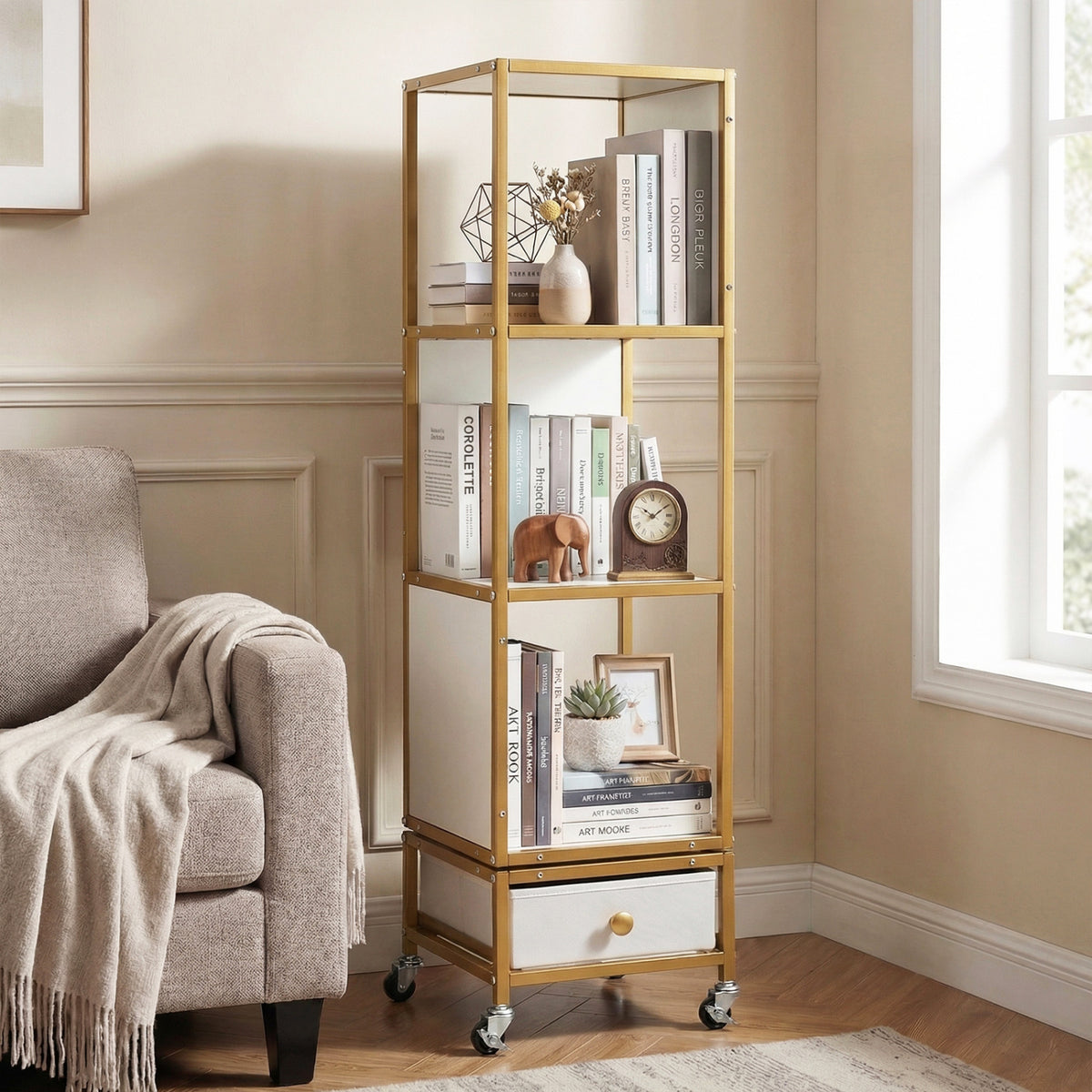 Gray 4-tier rotating bookshelf on wheels with a removable drawer, ideal for home office storage by Direct by Wilsons Home Store.
