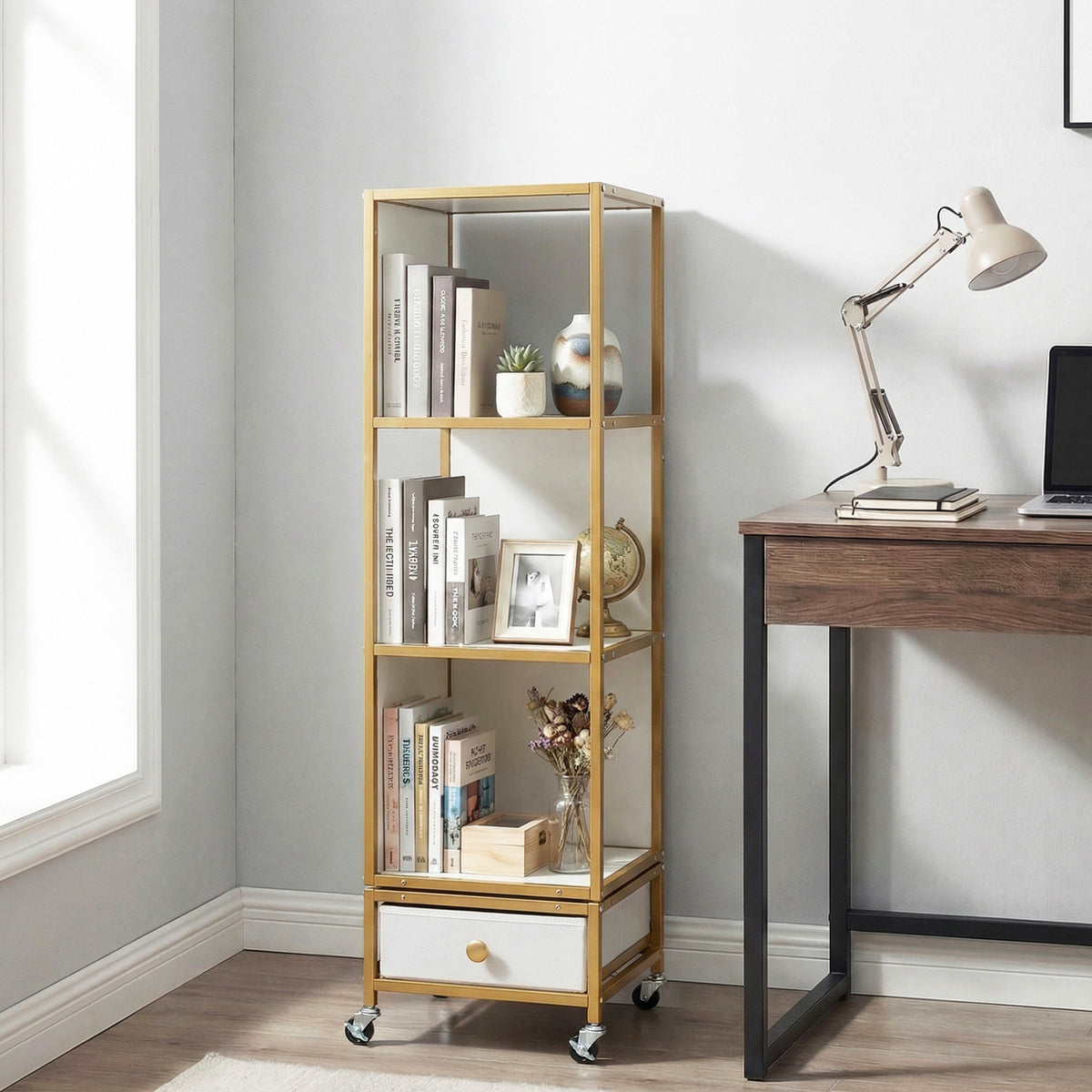 Gray 4-tier rotating bookshelf on wheels with removable drawer, designed for home office storage and organization.