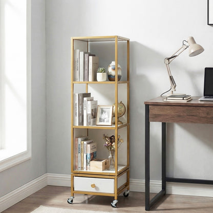 Gray 4-tier rotating bookshelf on wheels with removable drawer, designed for home office storage and organization.