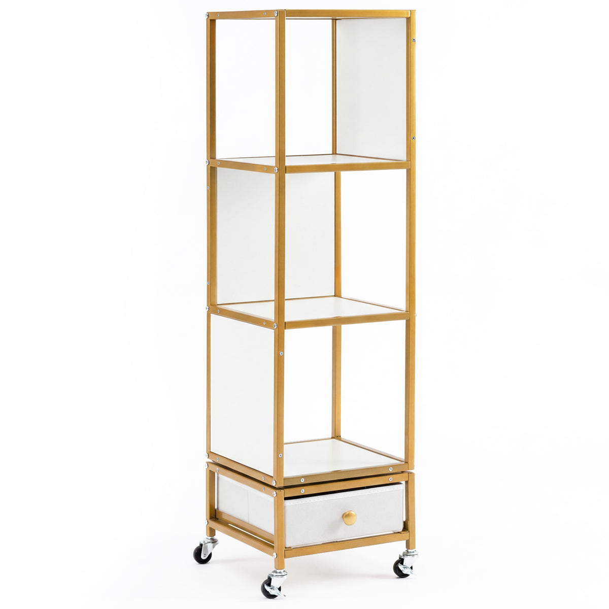 Gray 4-tier rotating bookshelf on wheels with removable drawer, from Wilsons Home Store, ideal for home office storage and organization.