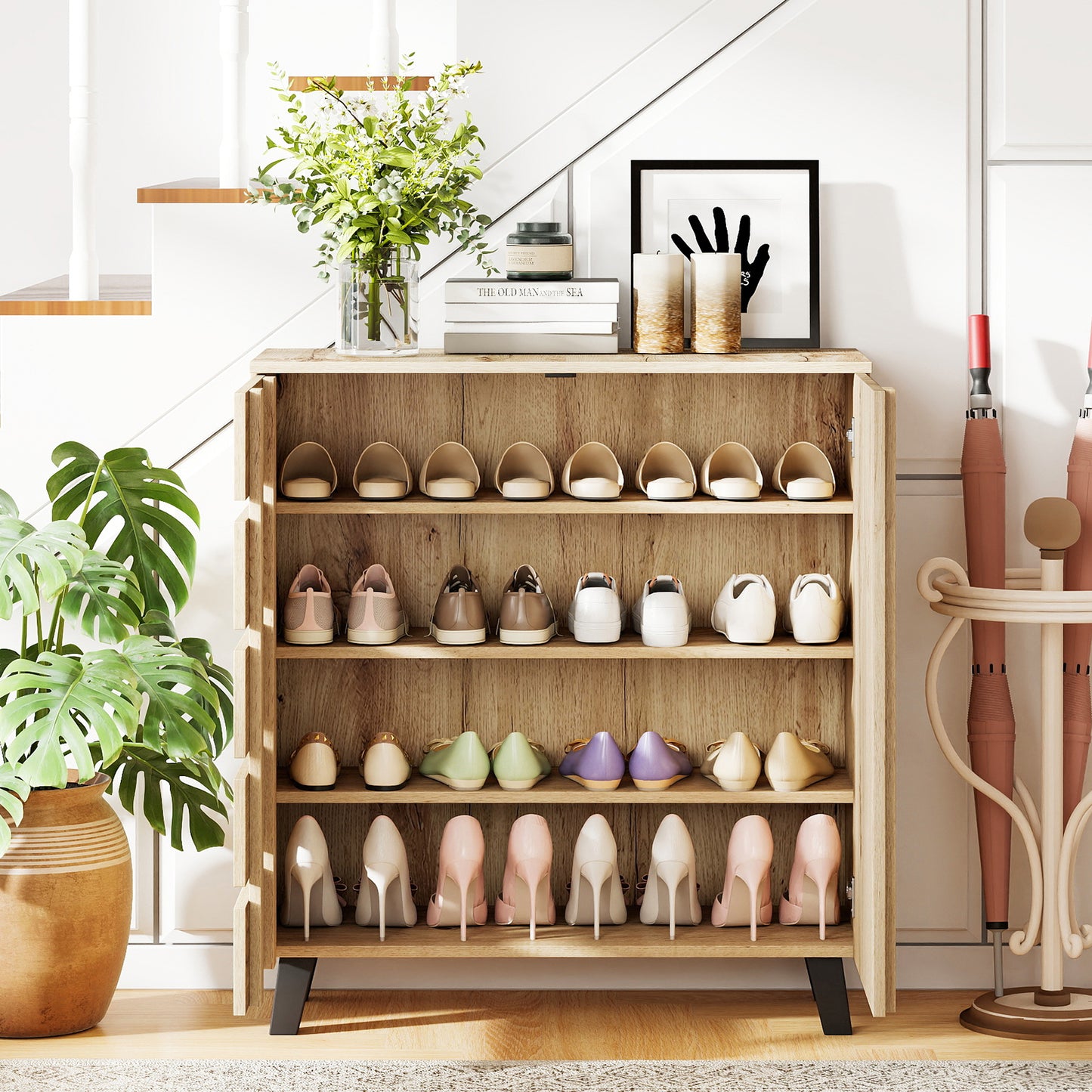 4-Tier Shoe Cabinet 2-Door Storage Organizer with Louvered Door-Natural