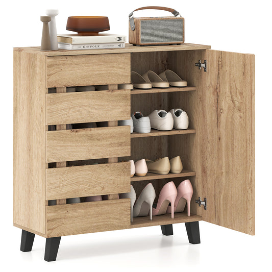 4-Tier Shoe Cabinet 2-Door Storage Organizer with Louvered Door-Natural
