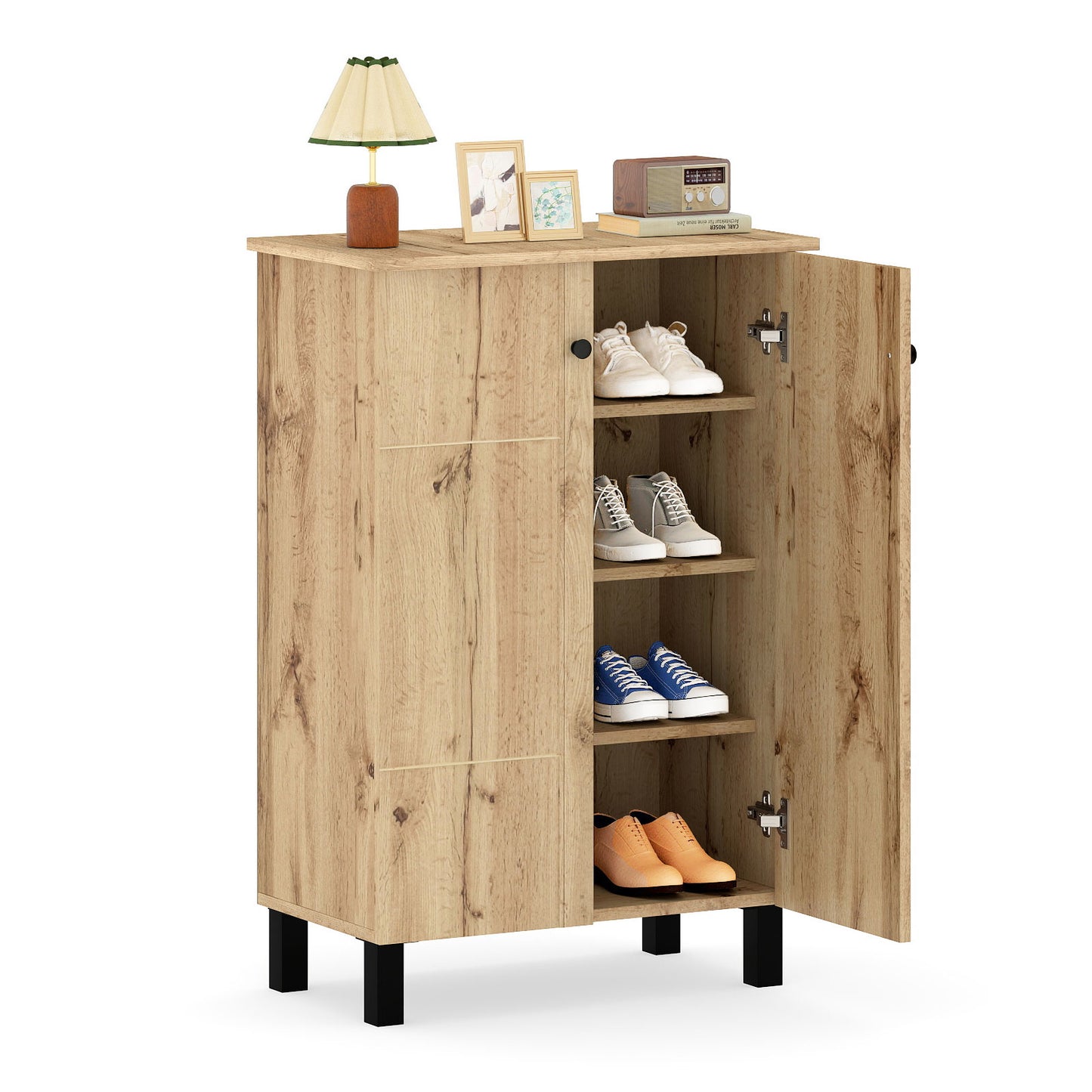 4-Tier Shoe Organizer with Removable Shelves and 2 Doors-Natural