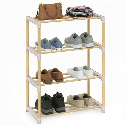 4-Tier Solid Wood Shoe Rack with Slatted Open Shelves-Gray