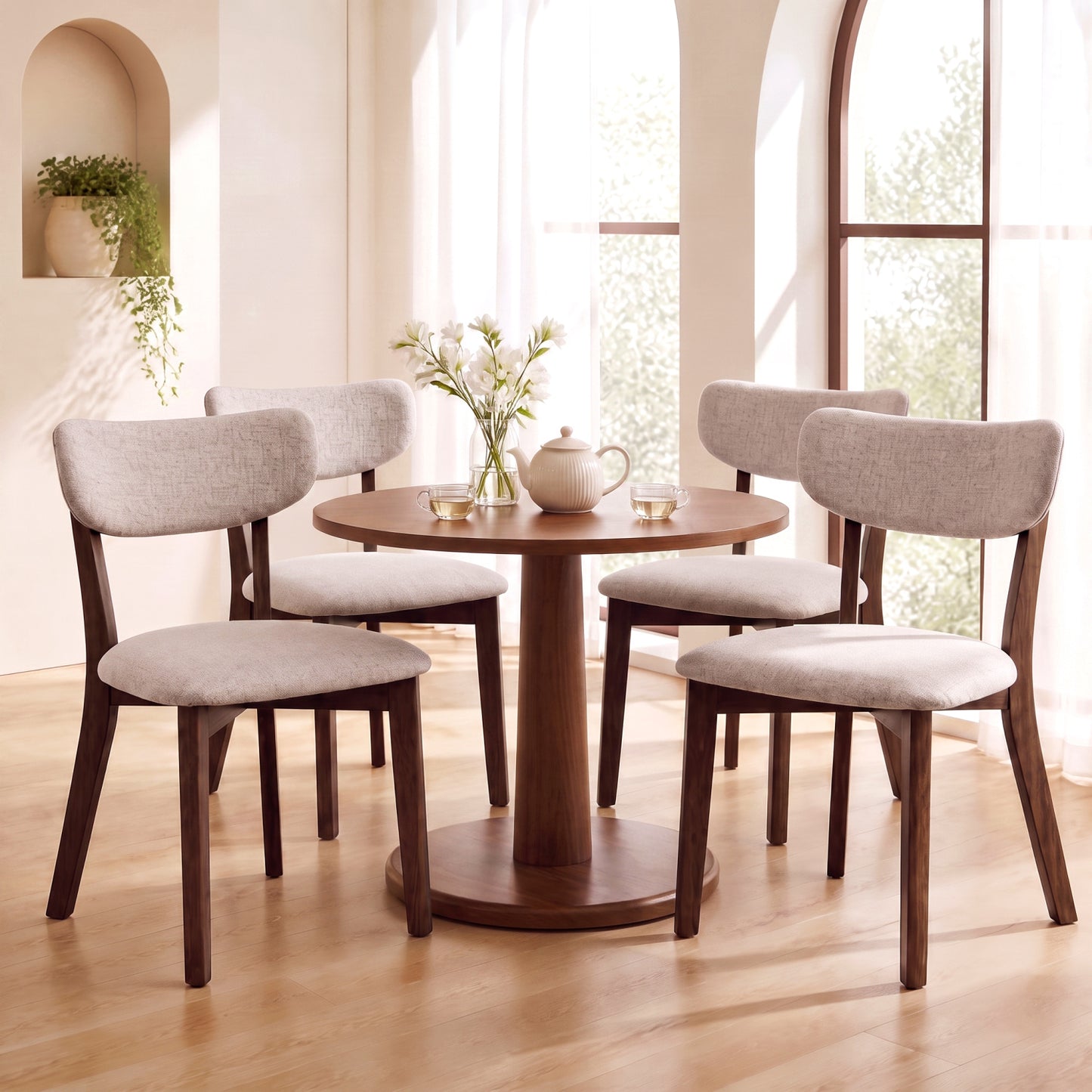 4 Upholstered Chairs with Solid Rubber Wood Frame and Curved Backrest for Dining Room-Brown
