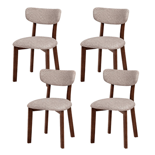 Set of four upholstered dining chairs with solid rubber wood frames and curved backrests in brown, ideal for kitchen and dining rooms.