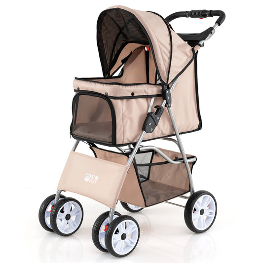 Beige 4-wheel pet stroller for small dogs and cats up to 33 lbs, featuring a compact design and breathable mesh sides.