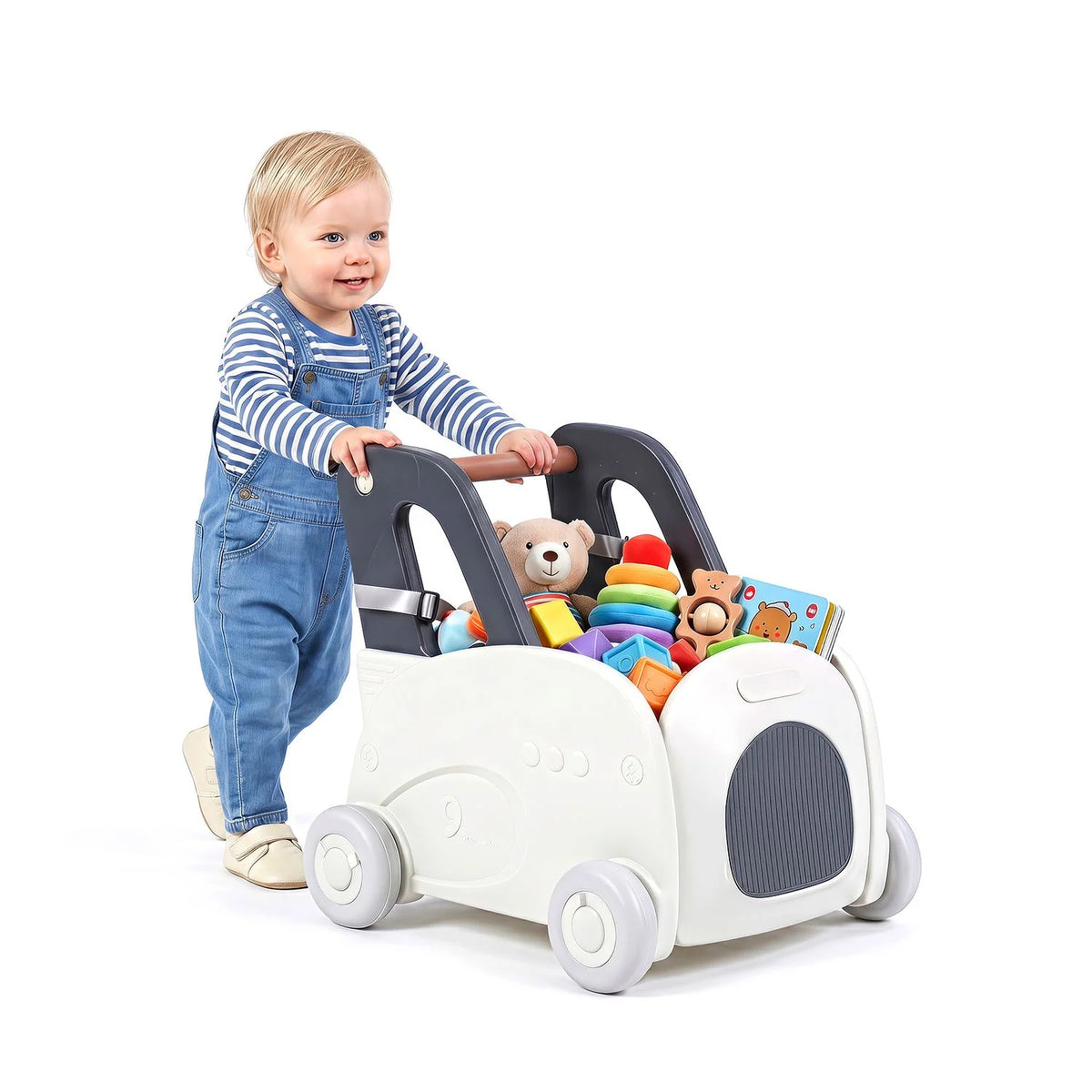 4-in-1 Baby Car Shape Toddler Toy Box with Wheels and Tip-up Seat