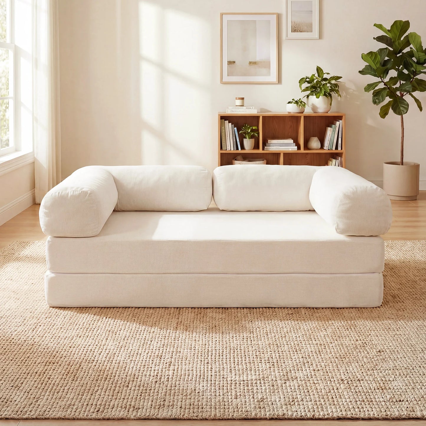 4-in-1 Convertible Folding Sofa Bed with Comfy Corduroy Cover-Beige