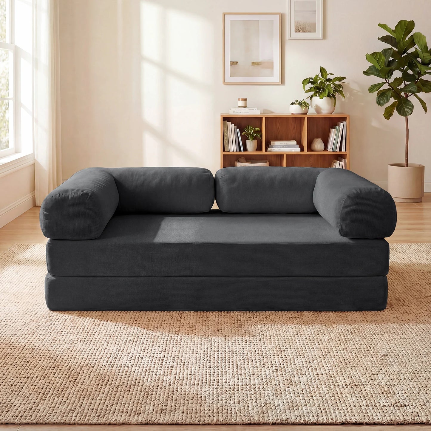 4-in-1 Convertible Folding Sofa Bed with Comfy Corduroy Cover-Beige