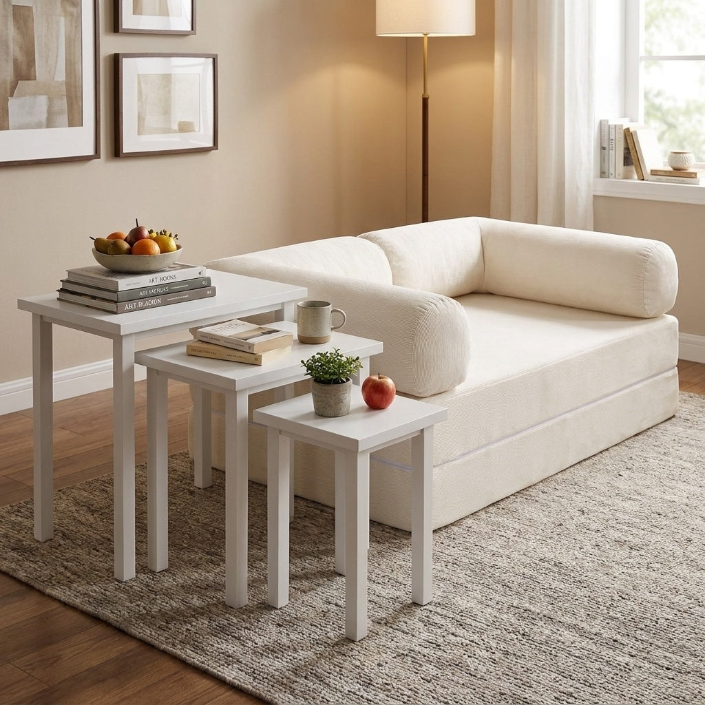Convertible sofa bed and three-piece side table set in living room, showing the versatile furniture from Wilsons Home Store.