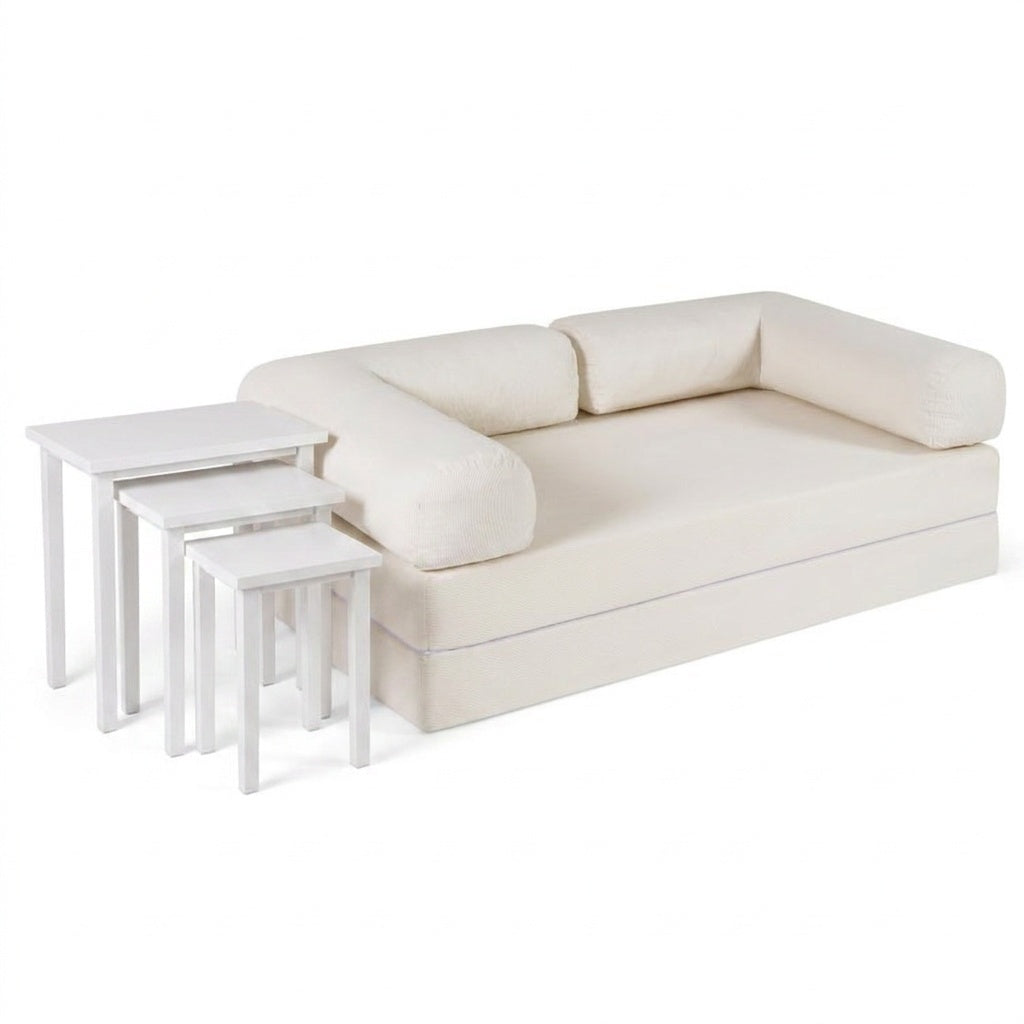 Convertible sofa bed with attached side tables, black fabric upholstery, and modern design for versatile living room furniture.