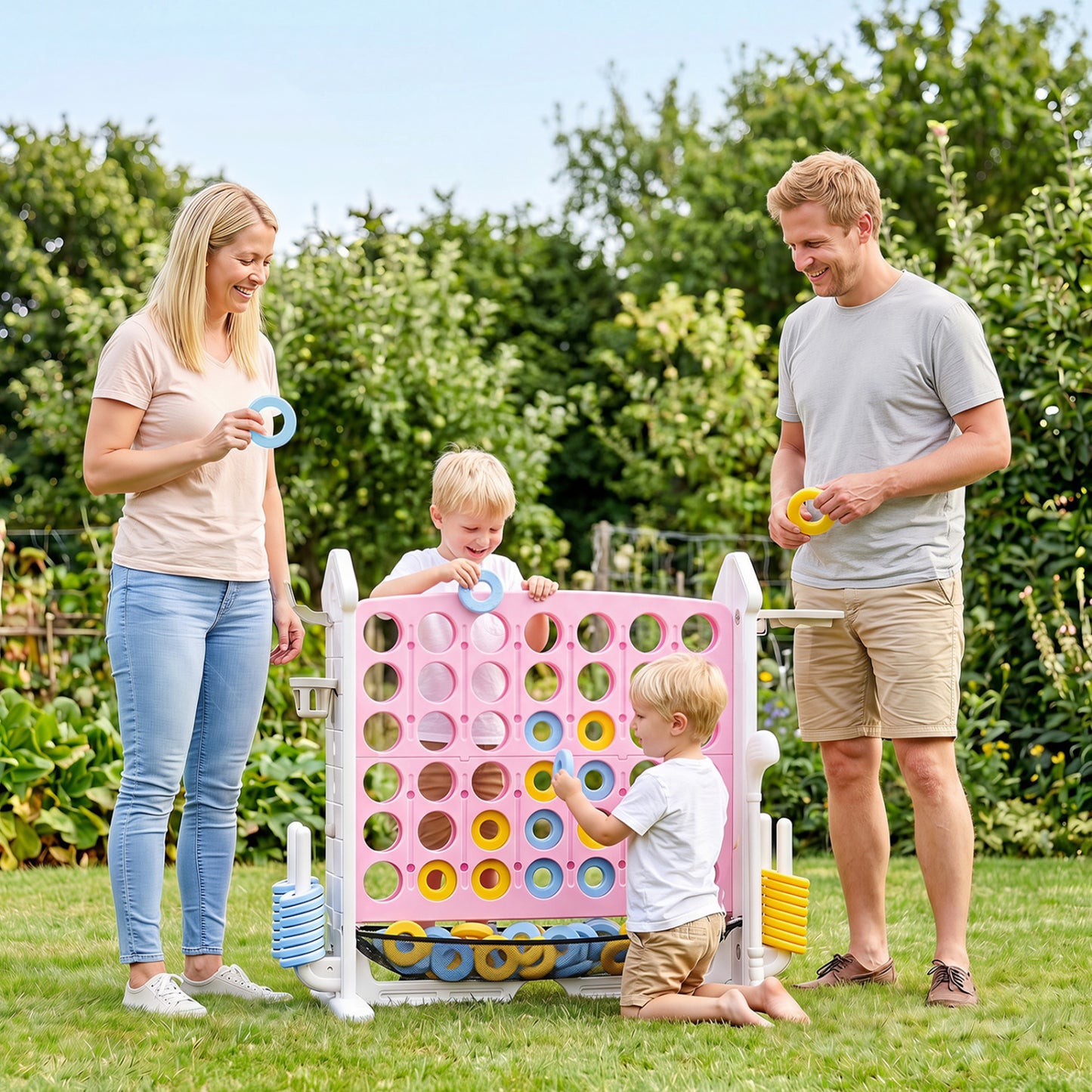 4-in-1 Height Adjustable Row Connect Game with Mesh Net and Carrying Bag-Blue