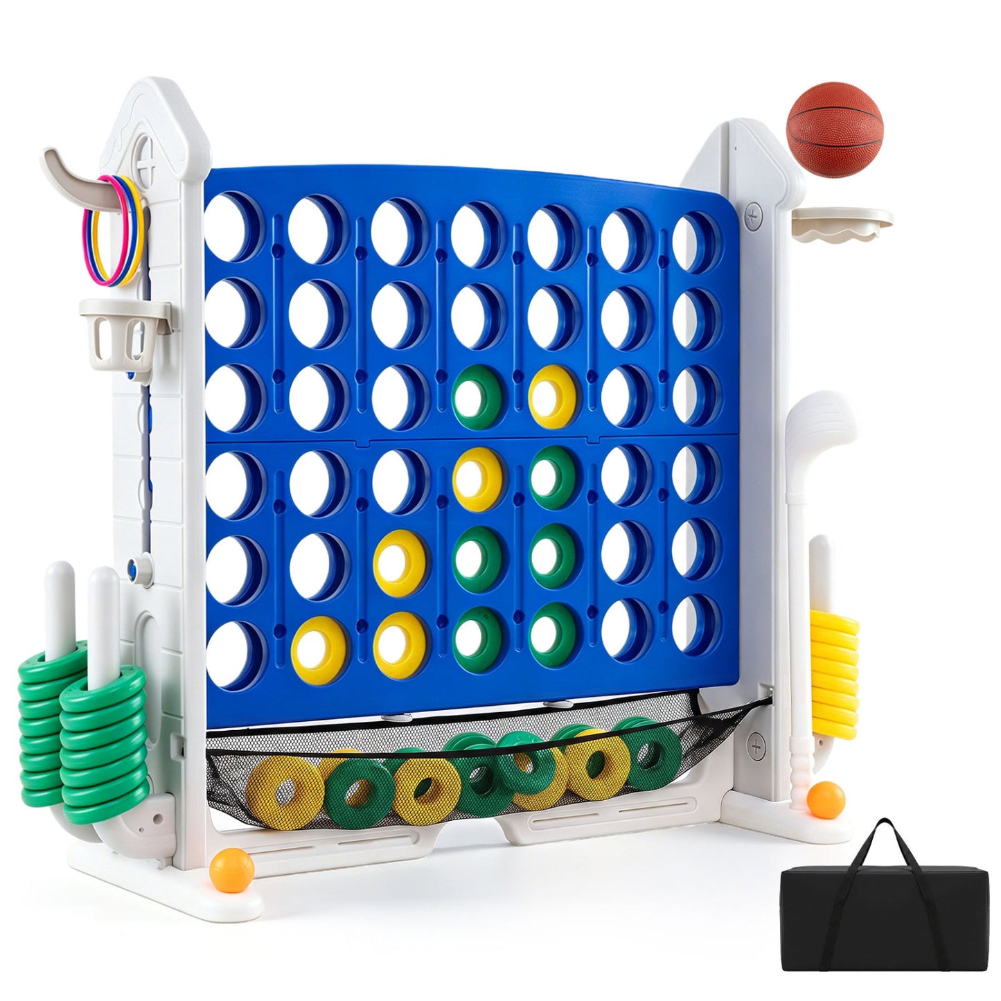 4-in-1 Height Adjustable Row Connect Game with Mesh Net and Carrying Bag-Blue