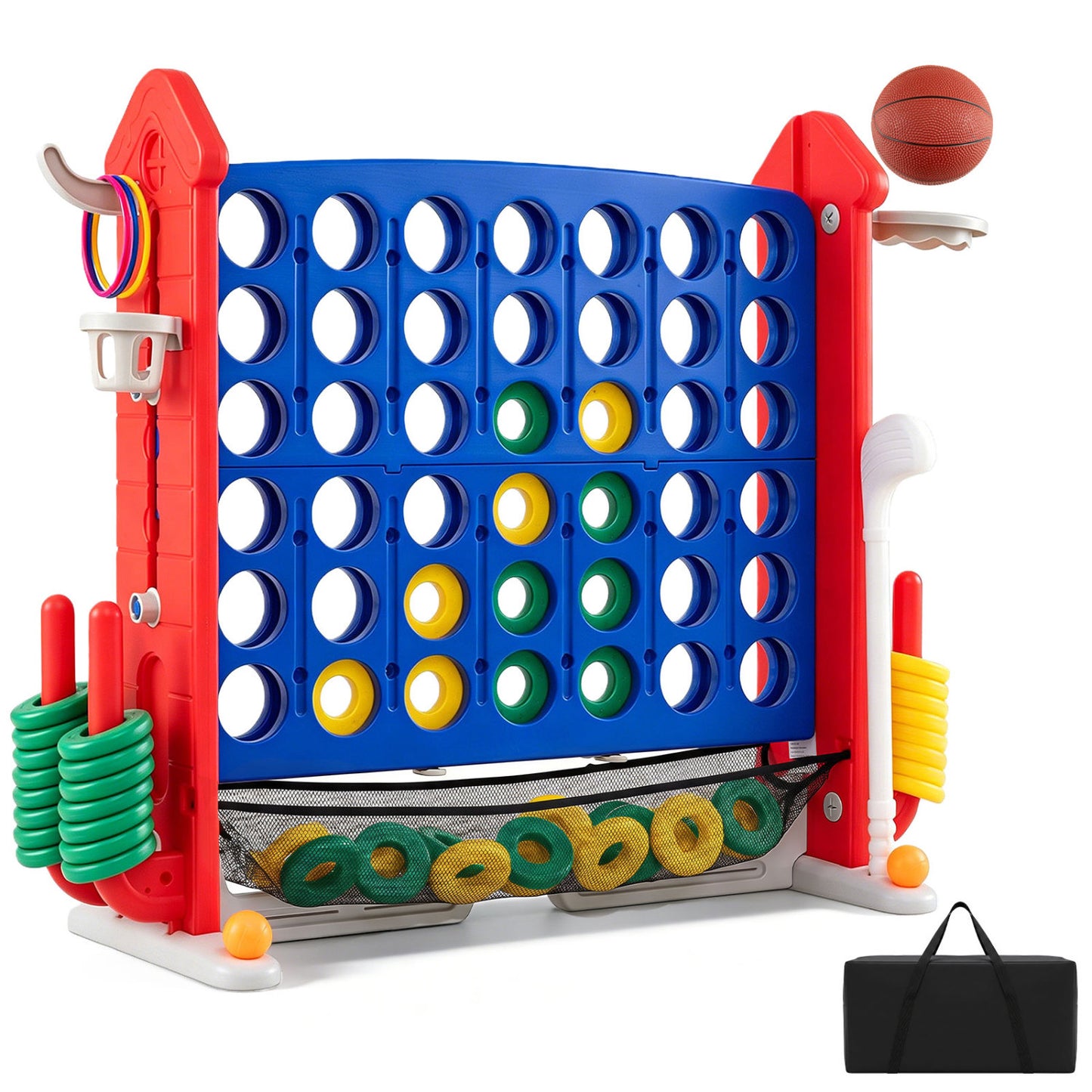 4-in-1 Height Adjustable Row Connect Game with Mesh Net and Carrying Bag-Blue