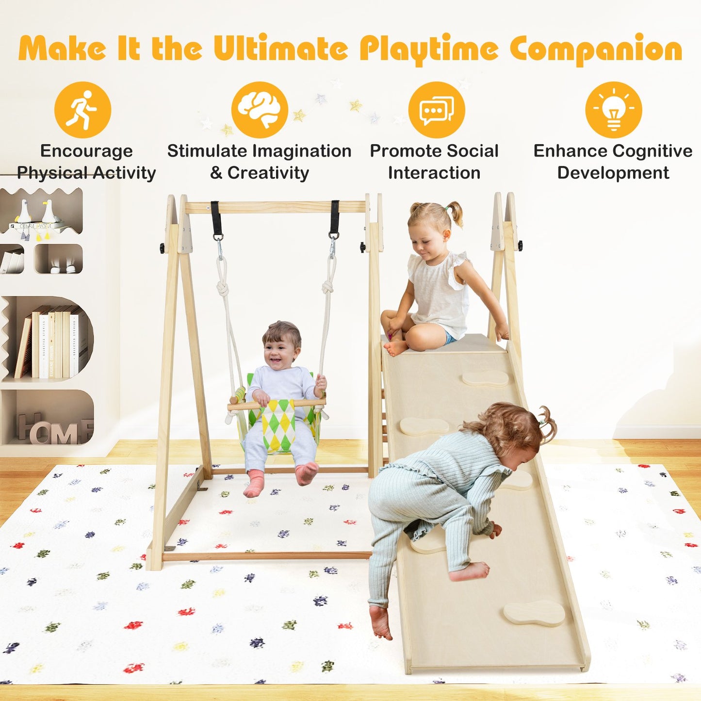 4-in-1 Indoor Jungle Gym with Baby Swing and Climbing Ramp-Multicolor