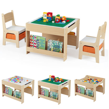 4 in 1 Kids Table and Chair Set with Reversible Graffiti and Building Blocks Tabletop-Gray