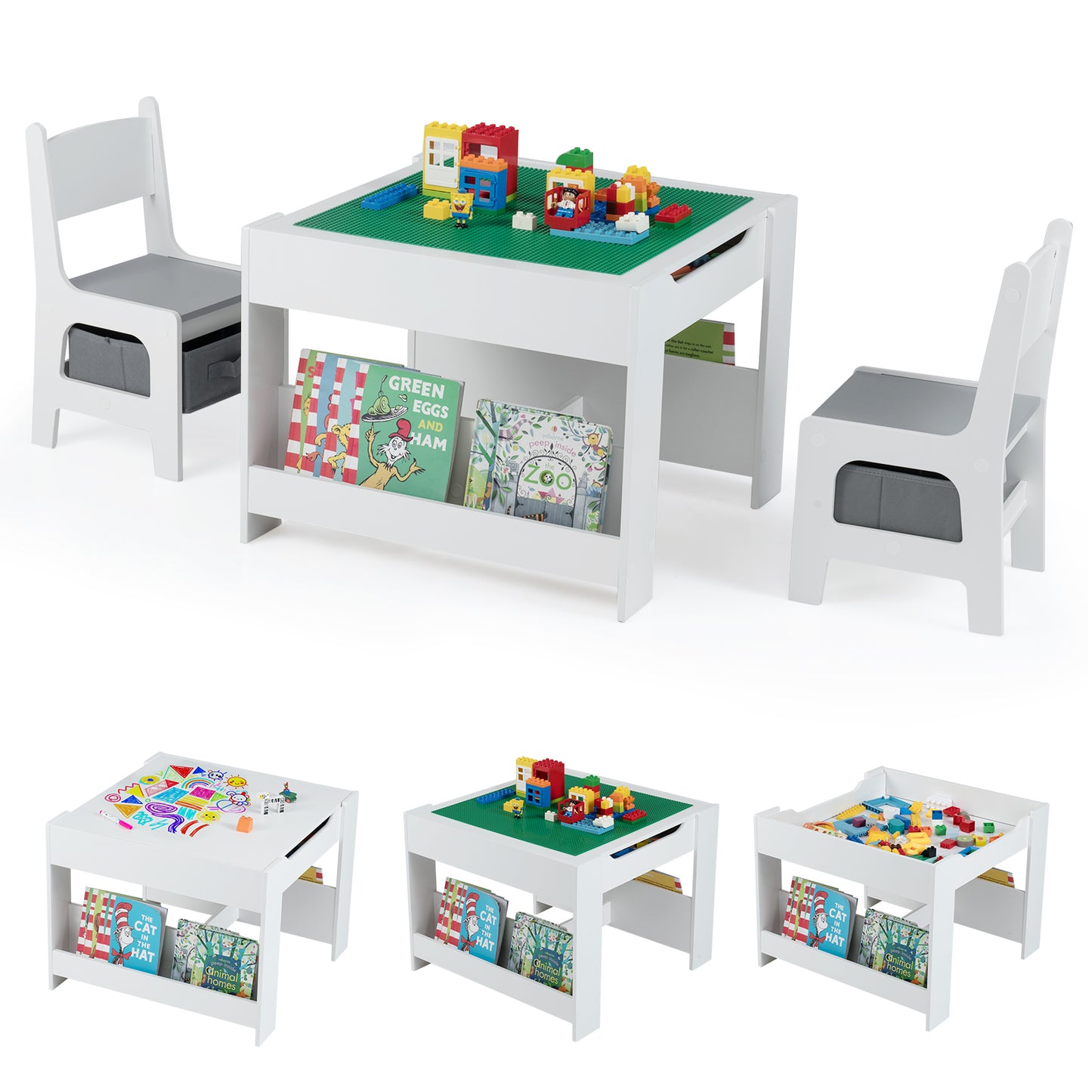 4 in 1 Kids Table and Chair Set with Reversible Graffiti and Building Blocks Tabletop-Gray