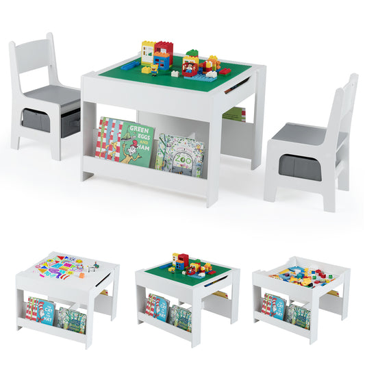 4 in 1 Kids Table and Chair Set with Reversible Graffiti and Building Blocks Tabletop-Gray