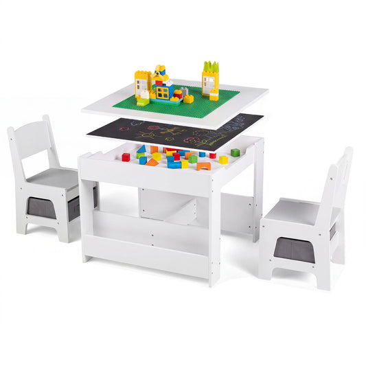 Gray 4-in-1 kids table and chairs set with building blocks and bookshelves, ideal for toddler and kids furniture.