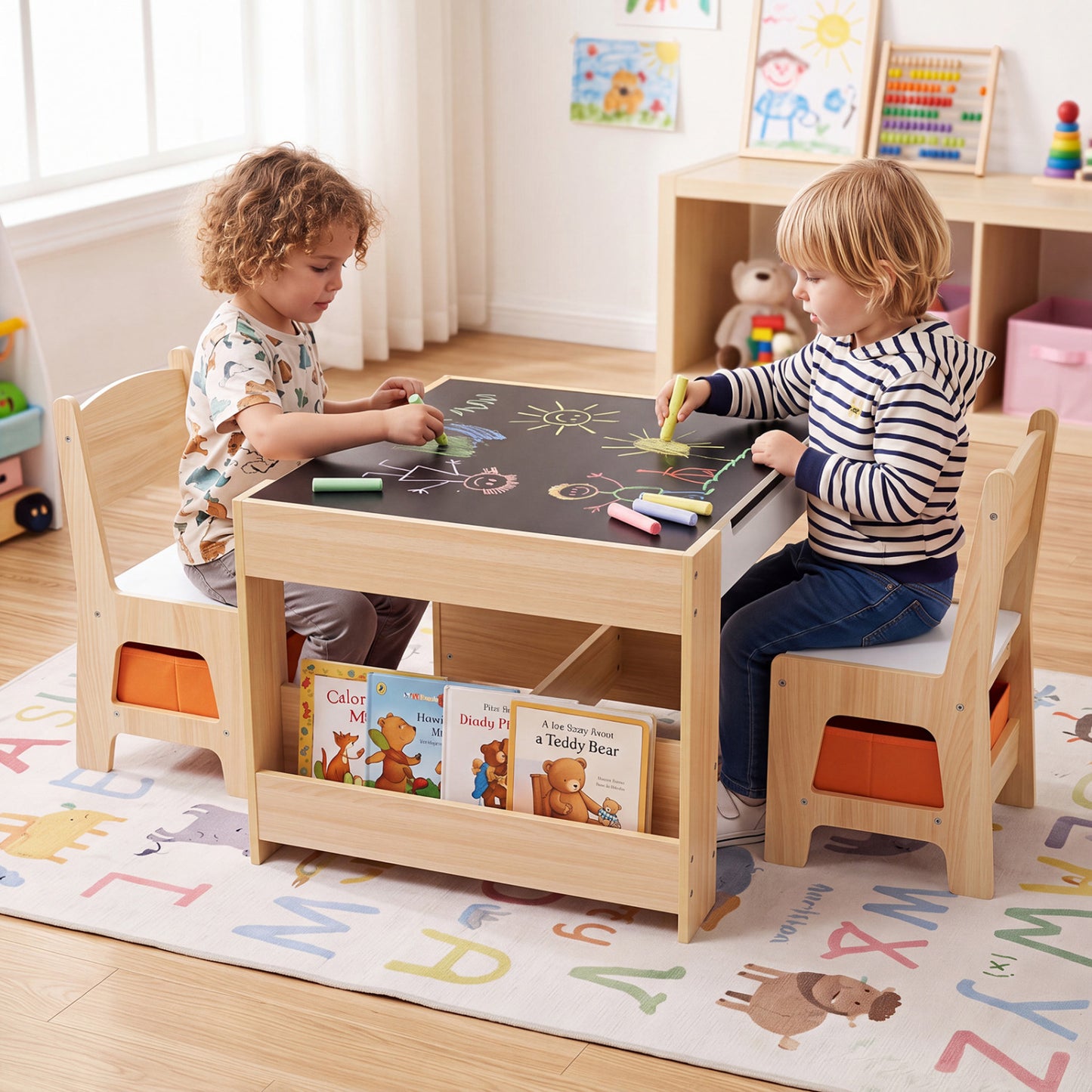 4 in 1 Kids Table and Chairs with Building Blocks and Bookshelves-Grey