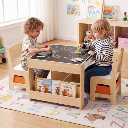 4 in 1 Kids Table and Chairs with Building Blocks and Bookshelves-Grey
