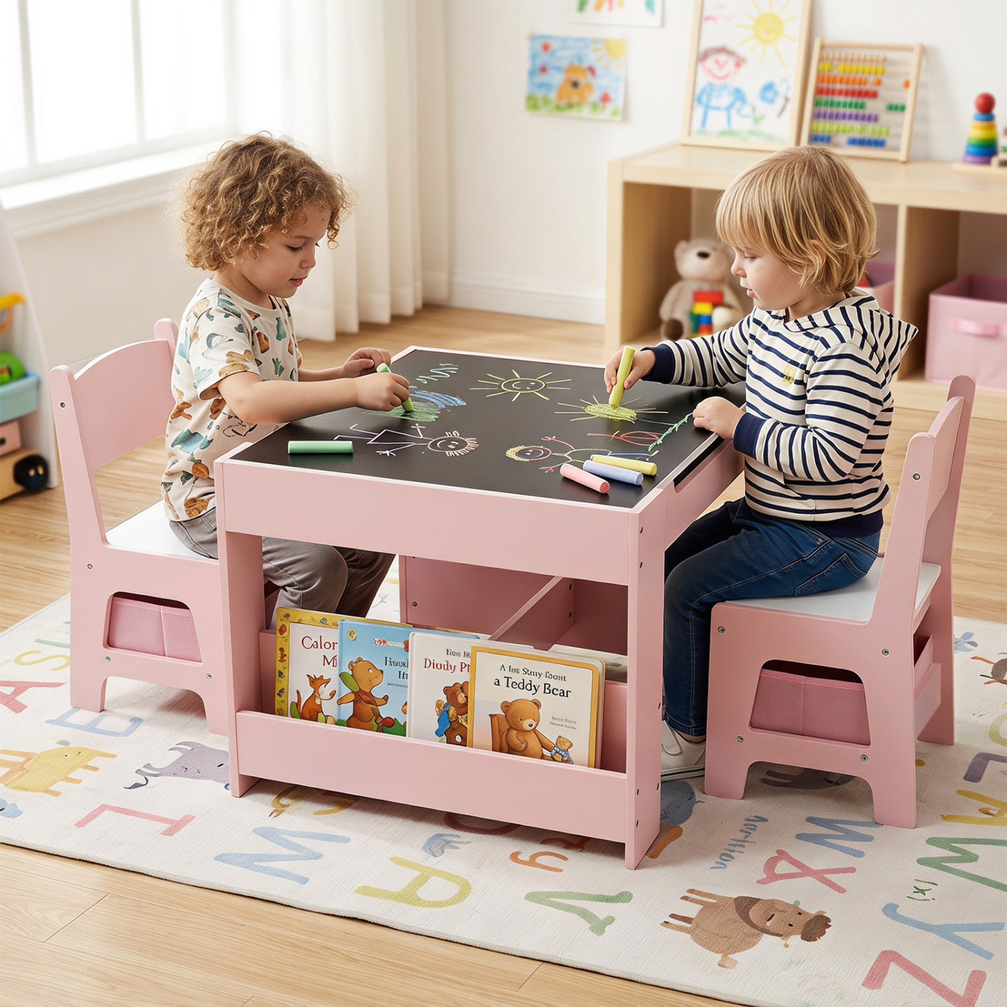 4 in 1 Kids Table and Chairs with Building Blocks and Bookshelves-Grey