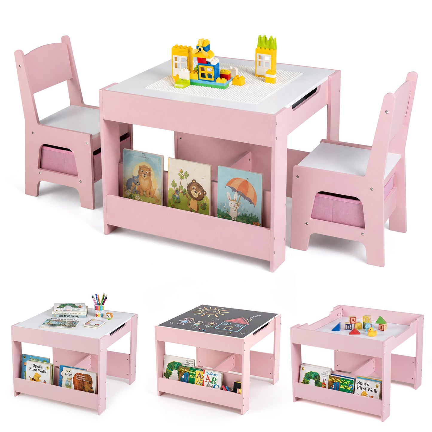 4 in 1 Kids Table and Chairs with Building Blocks and Bookshelves-Grey
