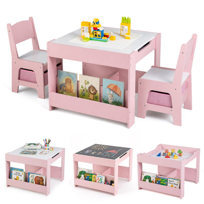 4 in 1 Kids Table and Chairs with Building Blocks and Bookshelves-Grey