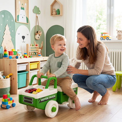 Green 4-in-1 ride on push car for boys and girls with music and under-seat storage, ideal for early childhood play and mobility.