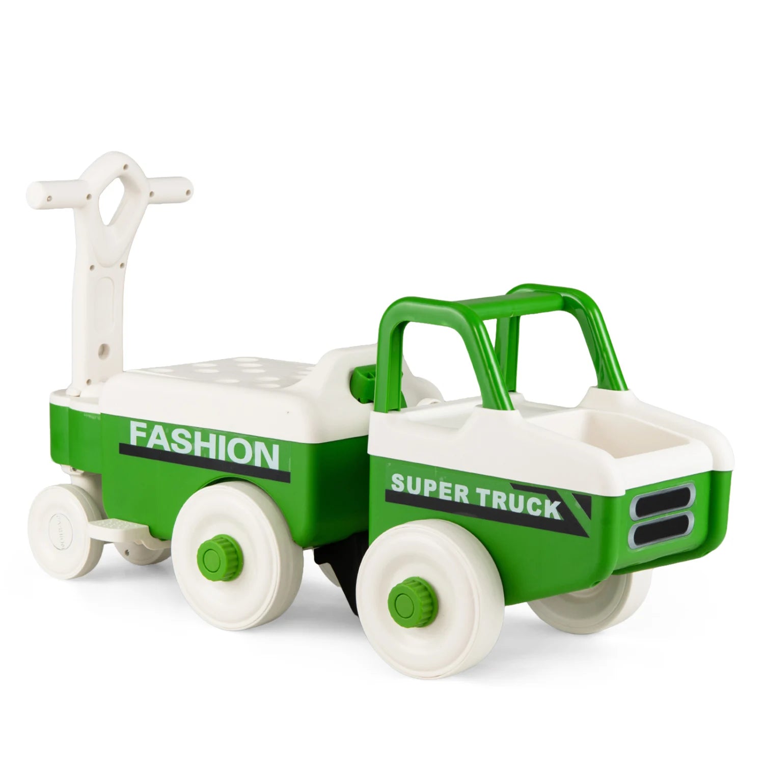 Green 4-in-1 ride-on push car for boys and girls with music and under-seat storage, ideal for young children.