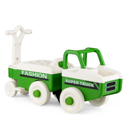 Green 4-in-1 ride-on push car for boys and girls with music and under-seat storage, ideal for young children.