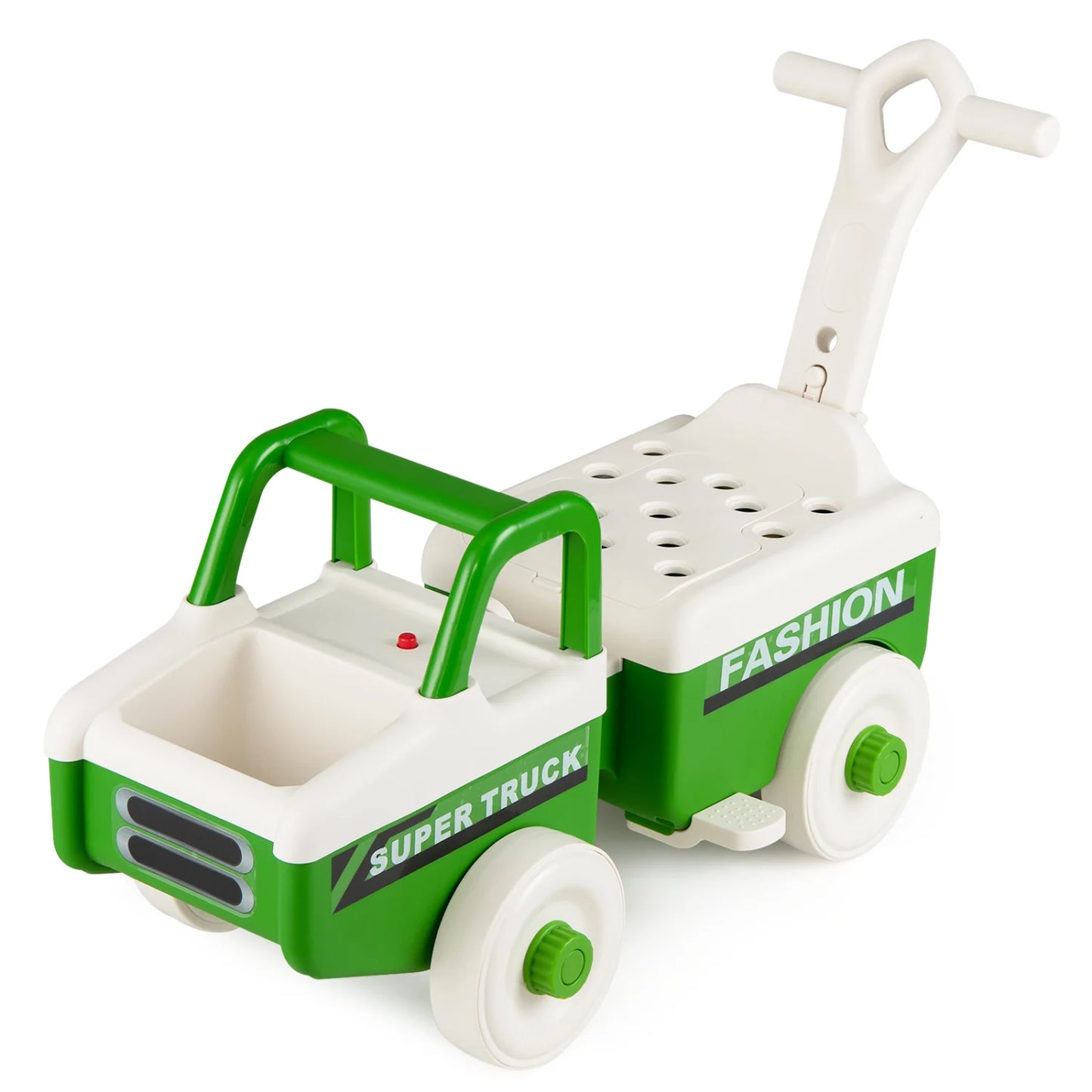 Green 4-in-1 ride on push car with music and under-seat storage for boys and girls, designed for early childhood play.