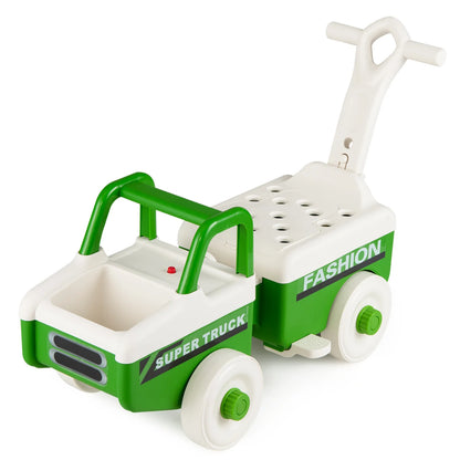 Green 4-in-1 ride on push car with music and under-seat storage for boys and girls, designed for early childhood play.