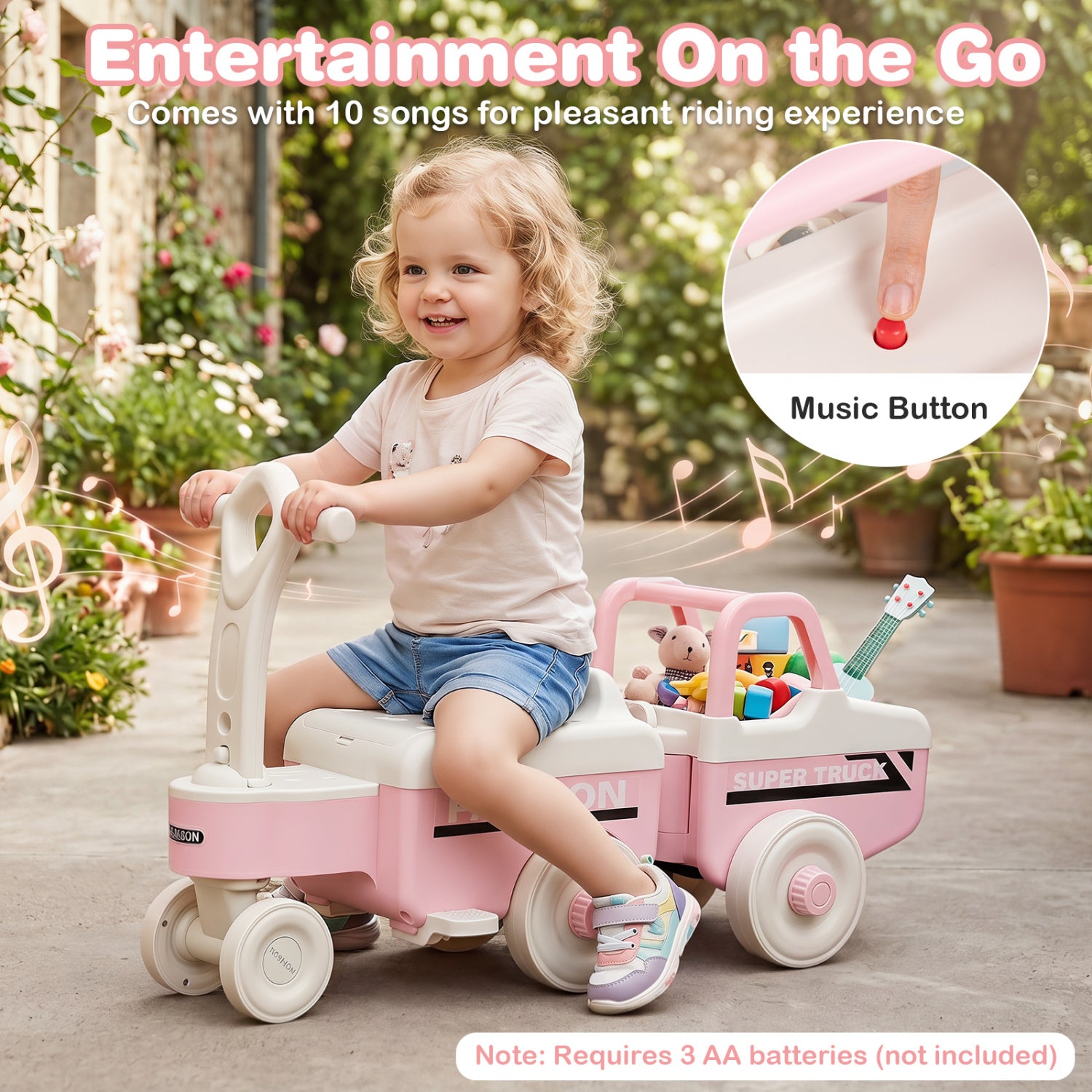 Green 4-in-1 ride-on push car for boys and girls with music and under-seat storage, designed for kids' outdoor play.