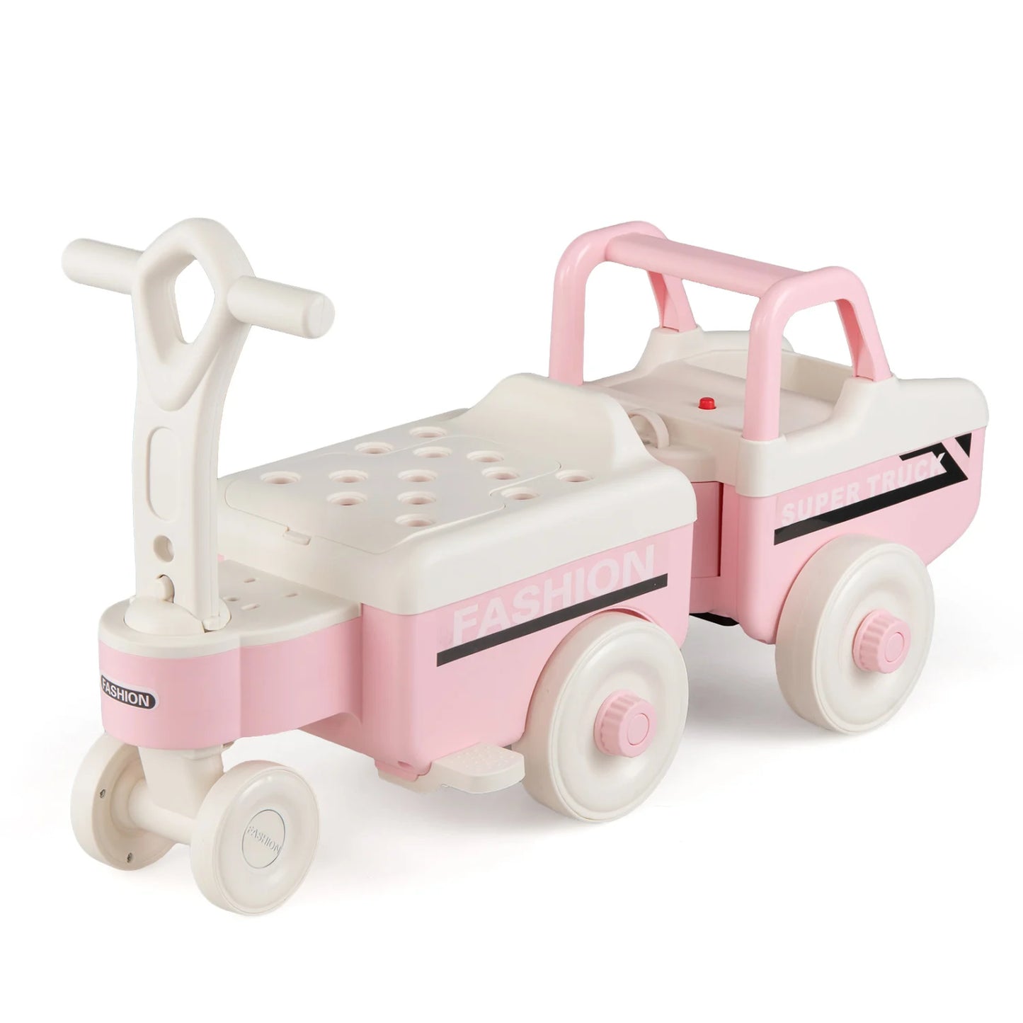 Green 4-in-1 ride on push car with music and under-seat storage for boys and girls, designed for toddlers' outdoor play.