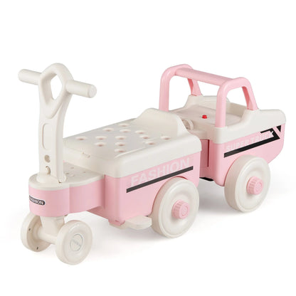 Green 4-in-1 ride on push car with music and under-seat storage for boys and girls, designed for toddlers' outdoor play.