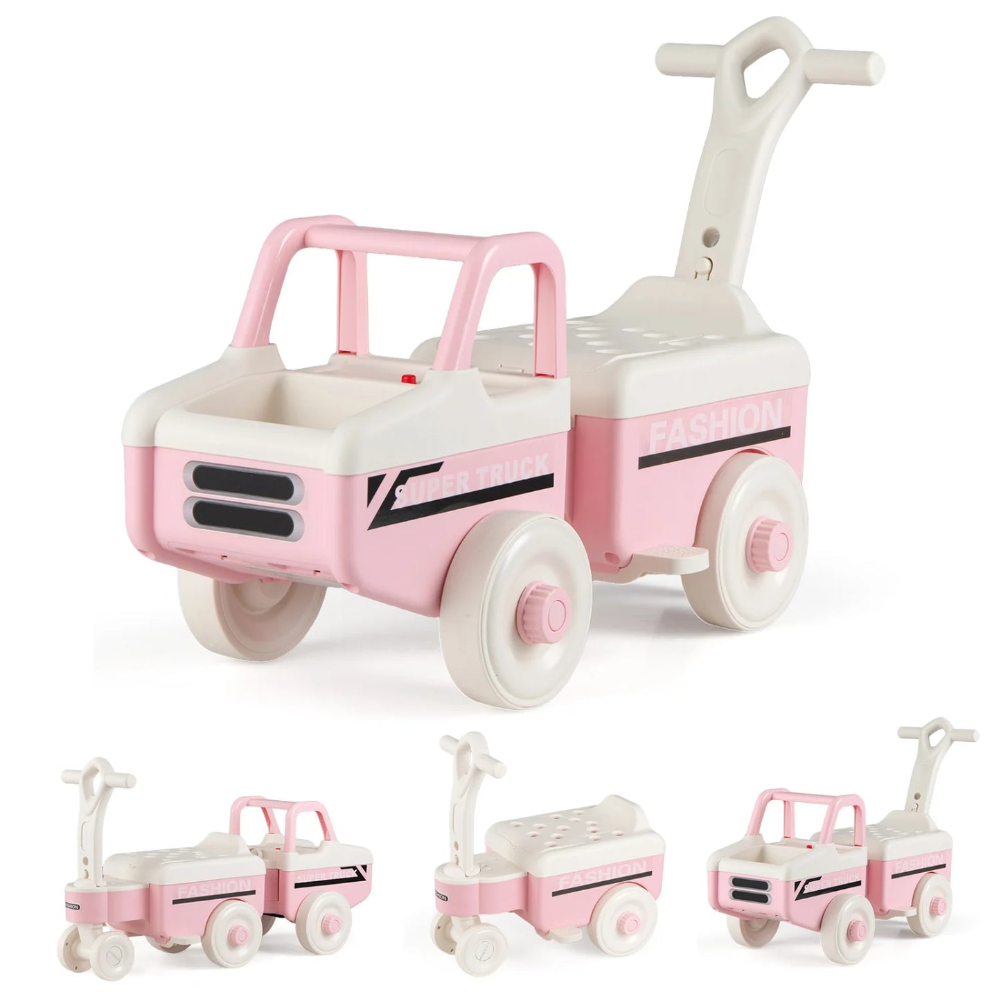 Green 4-in-1 ride on push car for boys and girls with music and under-seat storage, designed for toddlers and young children.