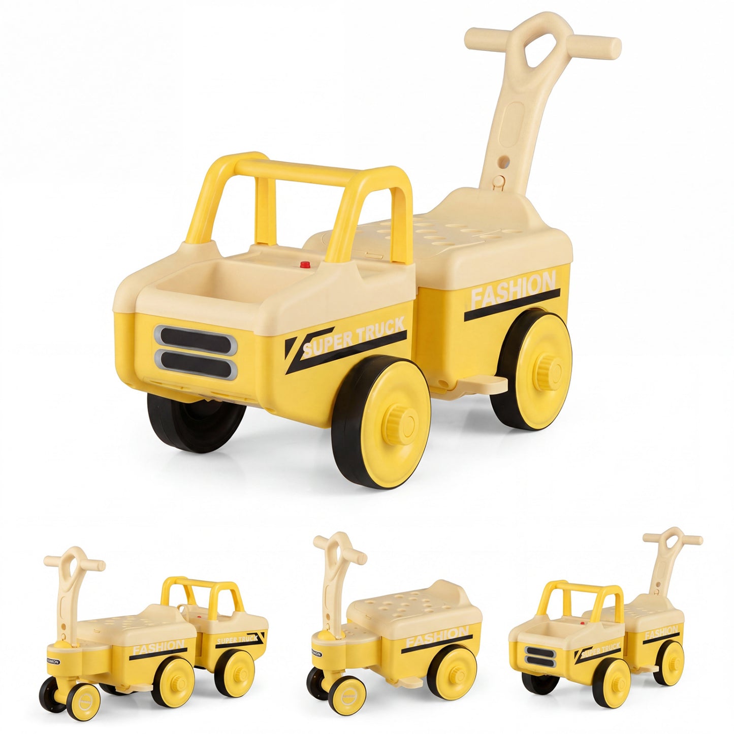 Green 4-in-1 ride on push car with music and under-seat storage for boys and girls, ideal for early childhood play.
