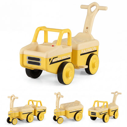 Green 4-in-1 ride on push car with music and under-seat storage for boys and girls, ideal for early childhood play.