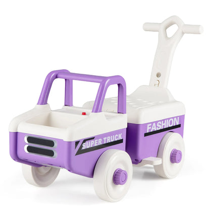 Green 4-in-1 ride on push car for boys and girls with music features and under-seat storage, designed for children’s outdoor play.