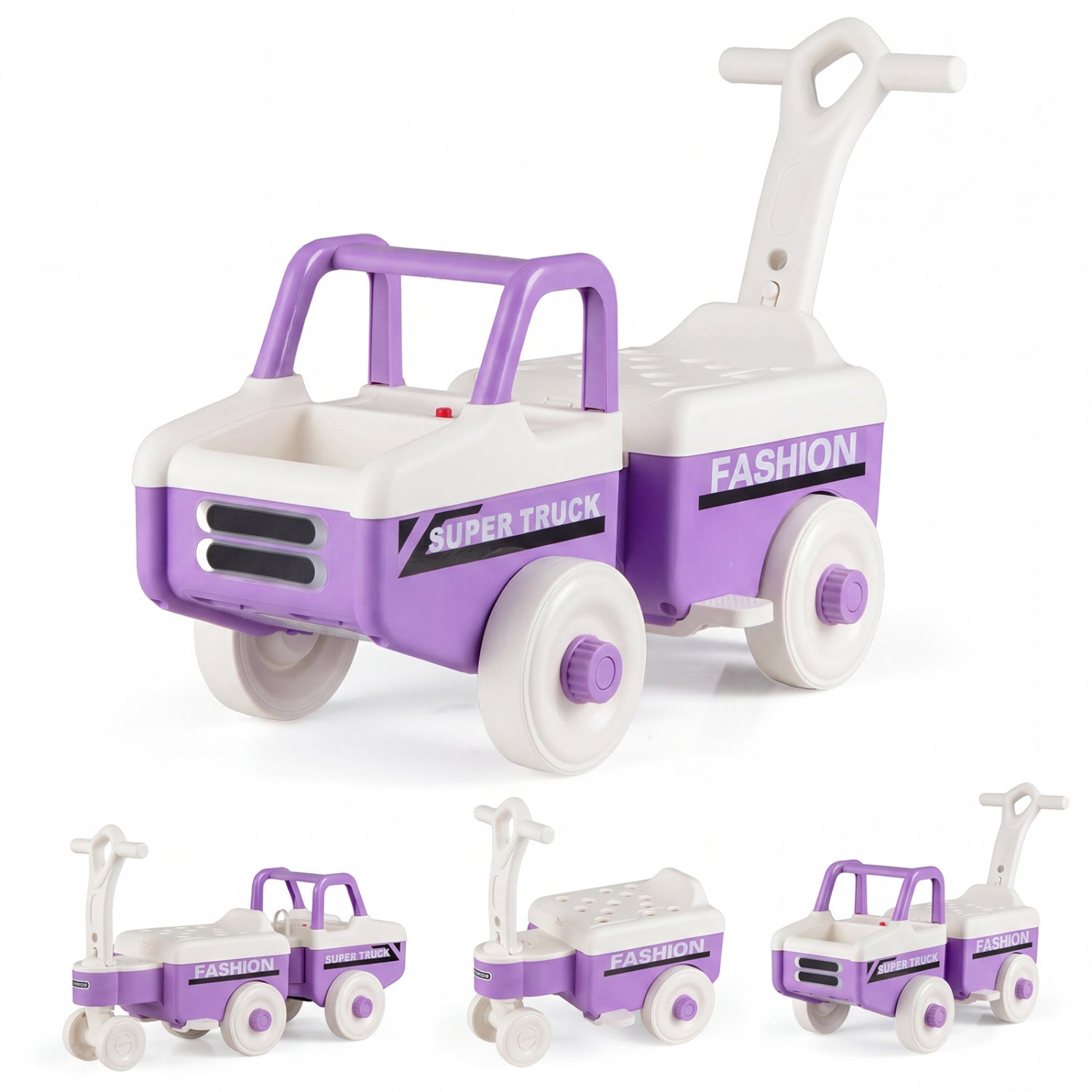 Green 4-in-1 ride on push car with music and under-seat storage for boys and girls, designed for fun and easy riding.