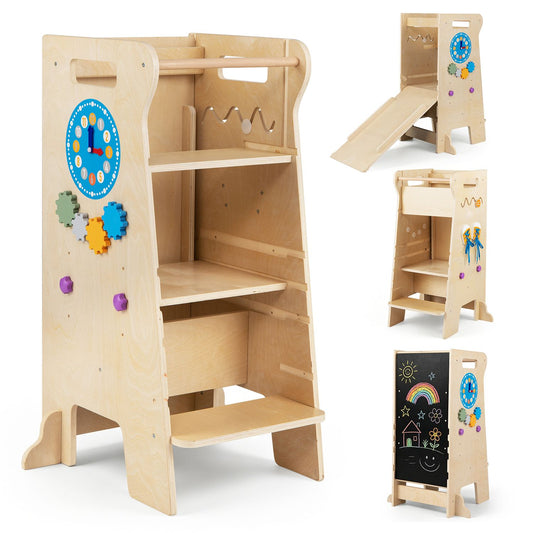4-in-1 toddler tower with chalkboard, slide, and Montessori games, designed for kids' furniture and seating by Wilsons Home Store