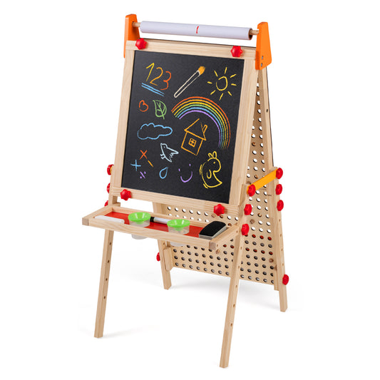 Wooden 4-in-1 kids' art easel with double-sided surfaces, foldable design, paper roll, and storage tray for creative play.