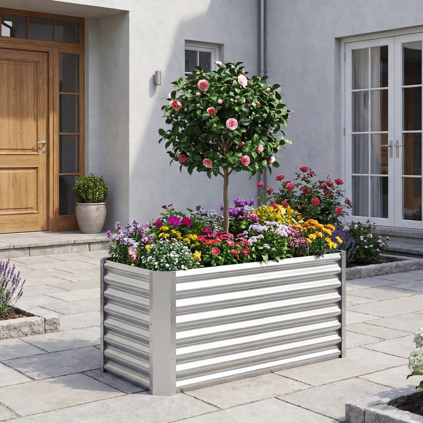 Galvanized metal rectangular raised garden bed, 4x2x2 ft, outdoor planter box in silver, ideal for vegetable or flower gardening.