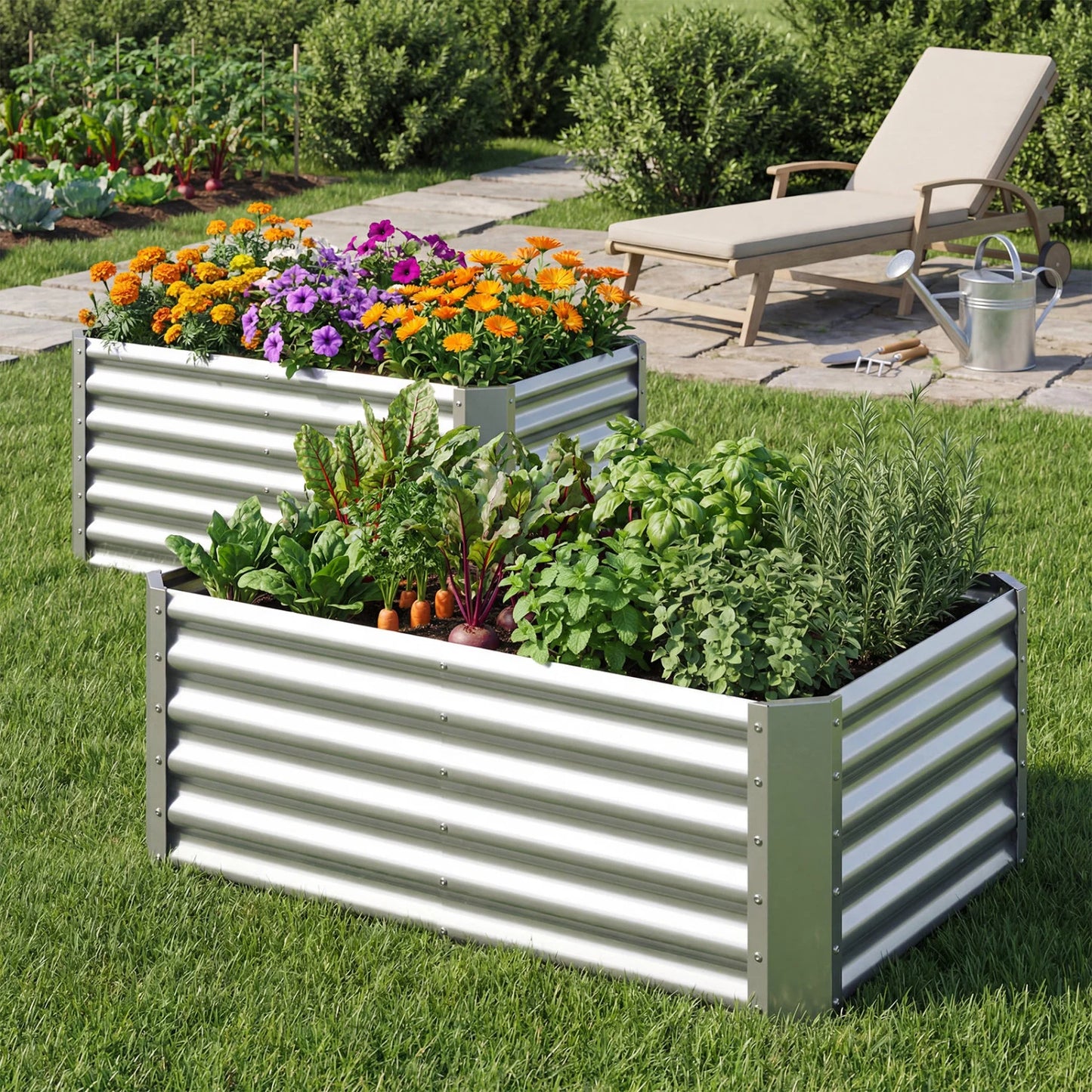 Four galvanized metal raised garden beds in a rectangular shape, silver color, ideal for outdoor gardening.