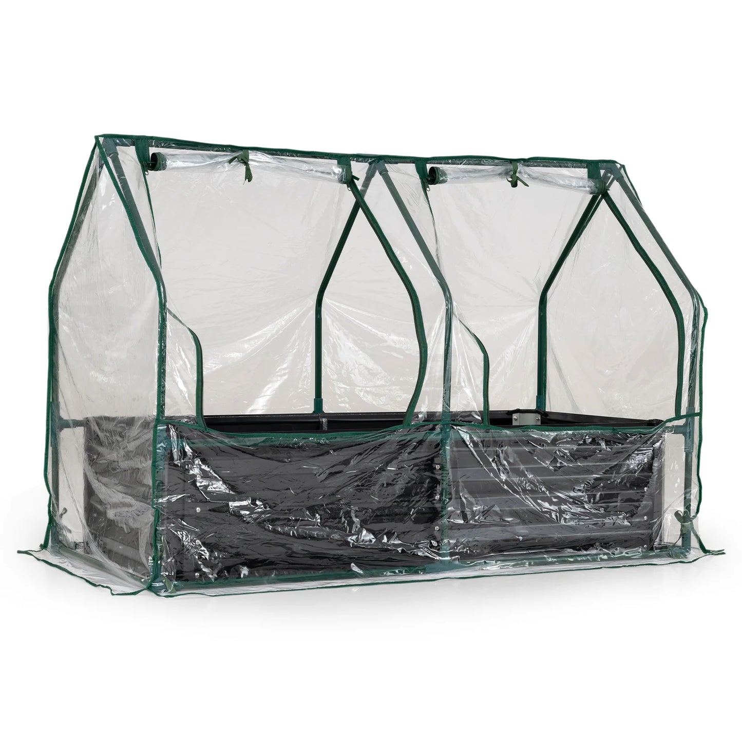 Small galvanized raised garden bed with greenhouse cover, 4x2x3 feet, black outdoor garden bed for vegetables and flowers.
