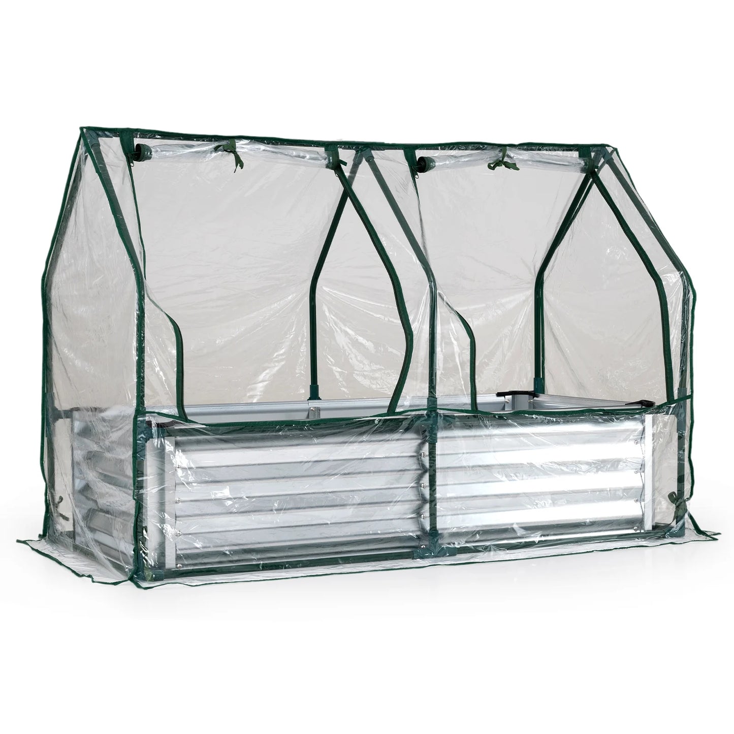 Small galvanized raised garden bed with greenhouse cover, 4x2x3 feet, ideal for outdoor gardening, black finish.