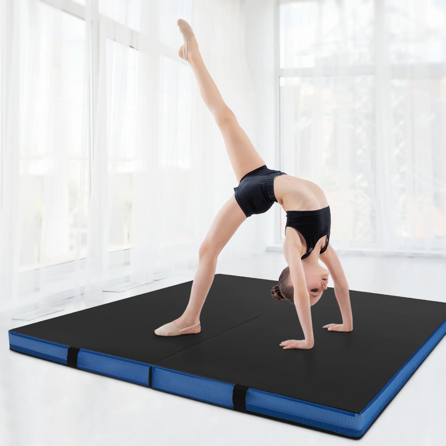 4ft x 4ft x 4in Bi-Folding Gymnastic Tumbling Mat with Handles and Cover-Black
